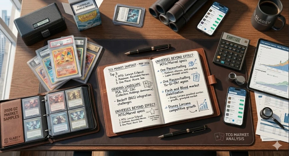 Top-down advisory desk with TCG notes, graded cards, reports, and market analysis materials