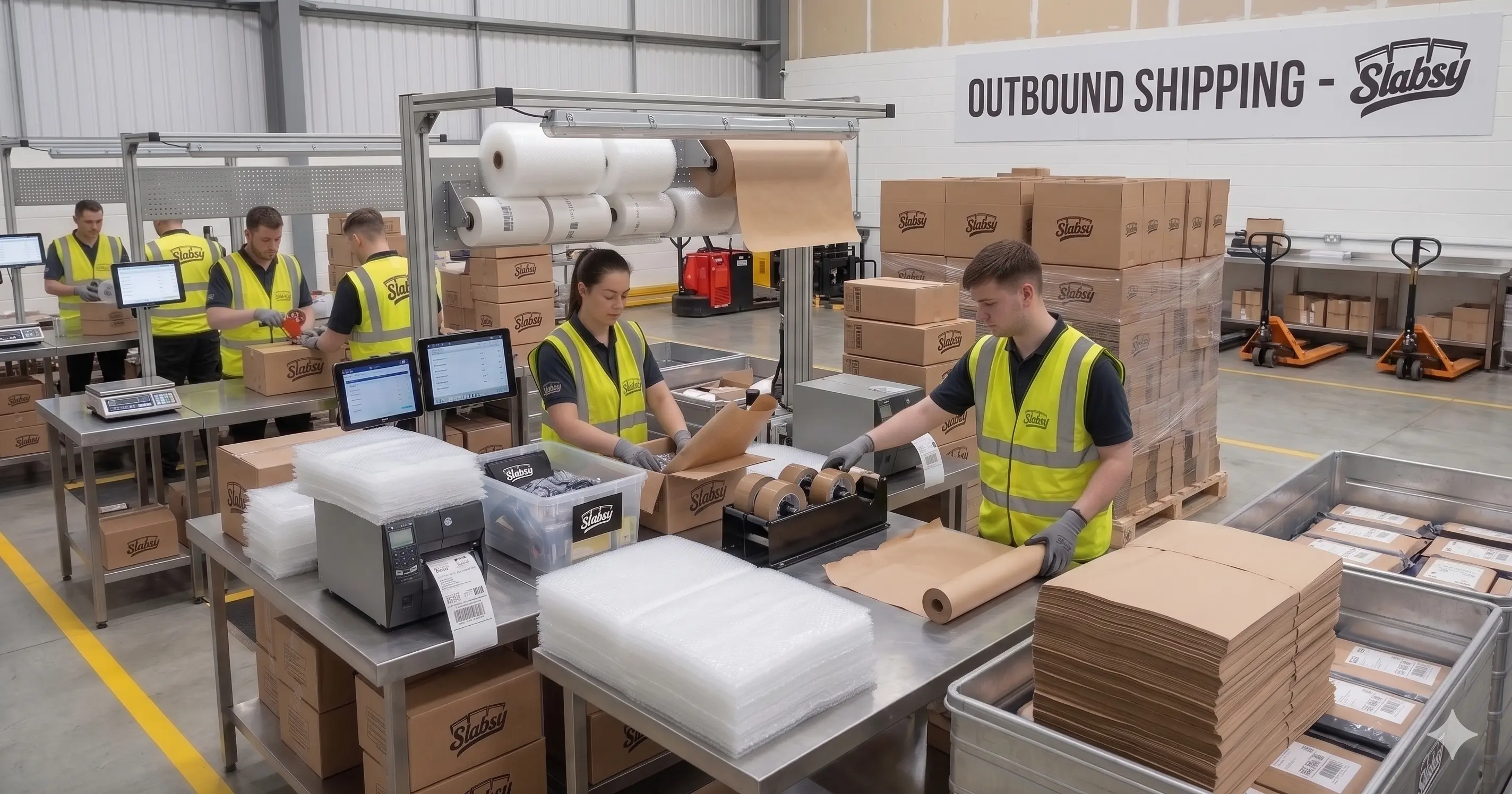 Slabsy outbound shipping station with team members packing collectible orders.