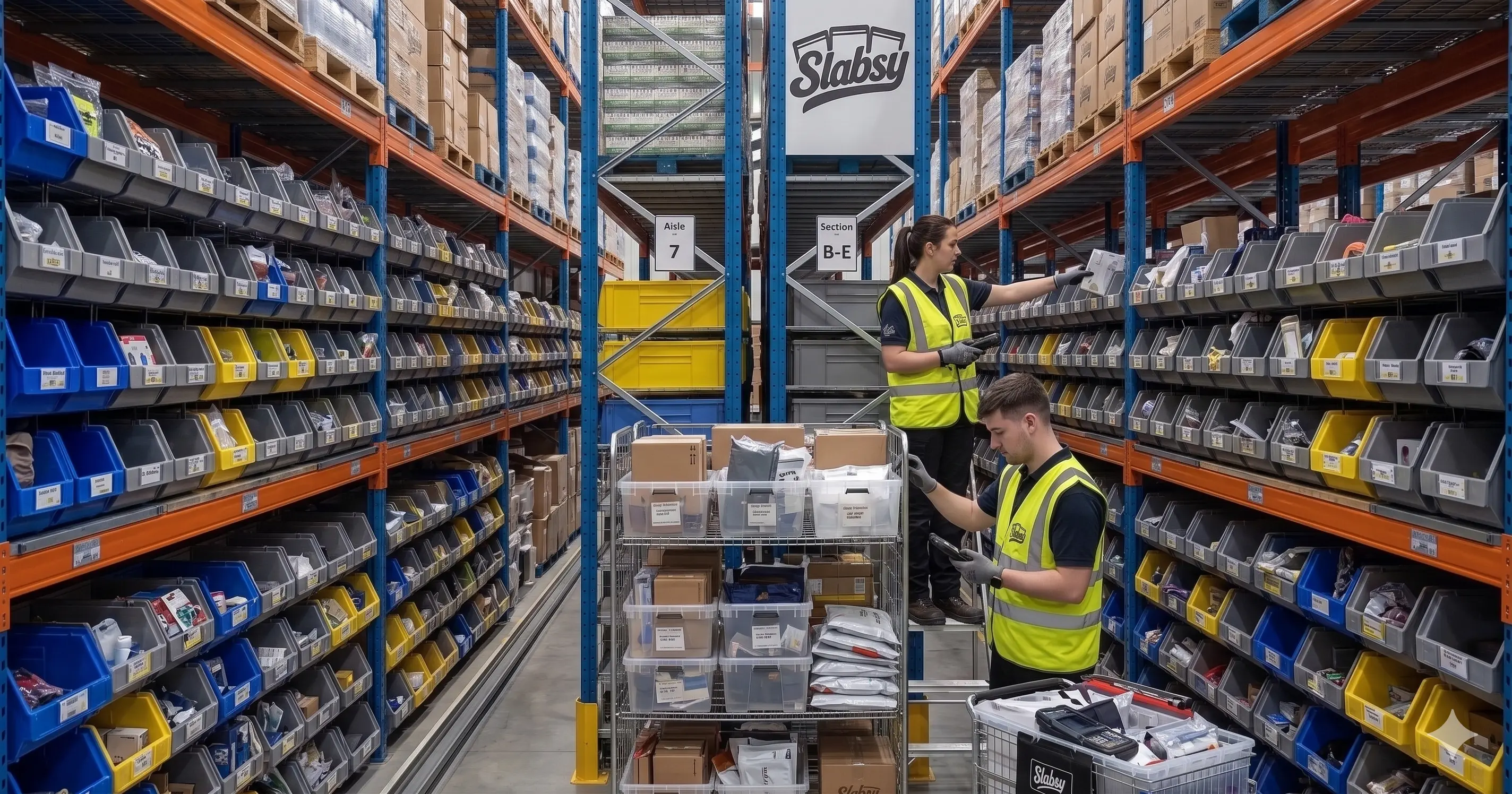 Slabsy pick and pack aisle with organized bins and outgoing orders.