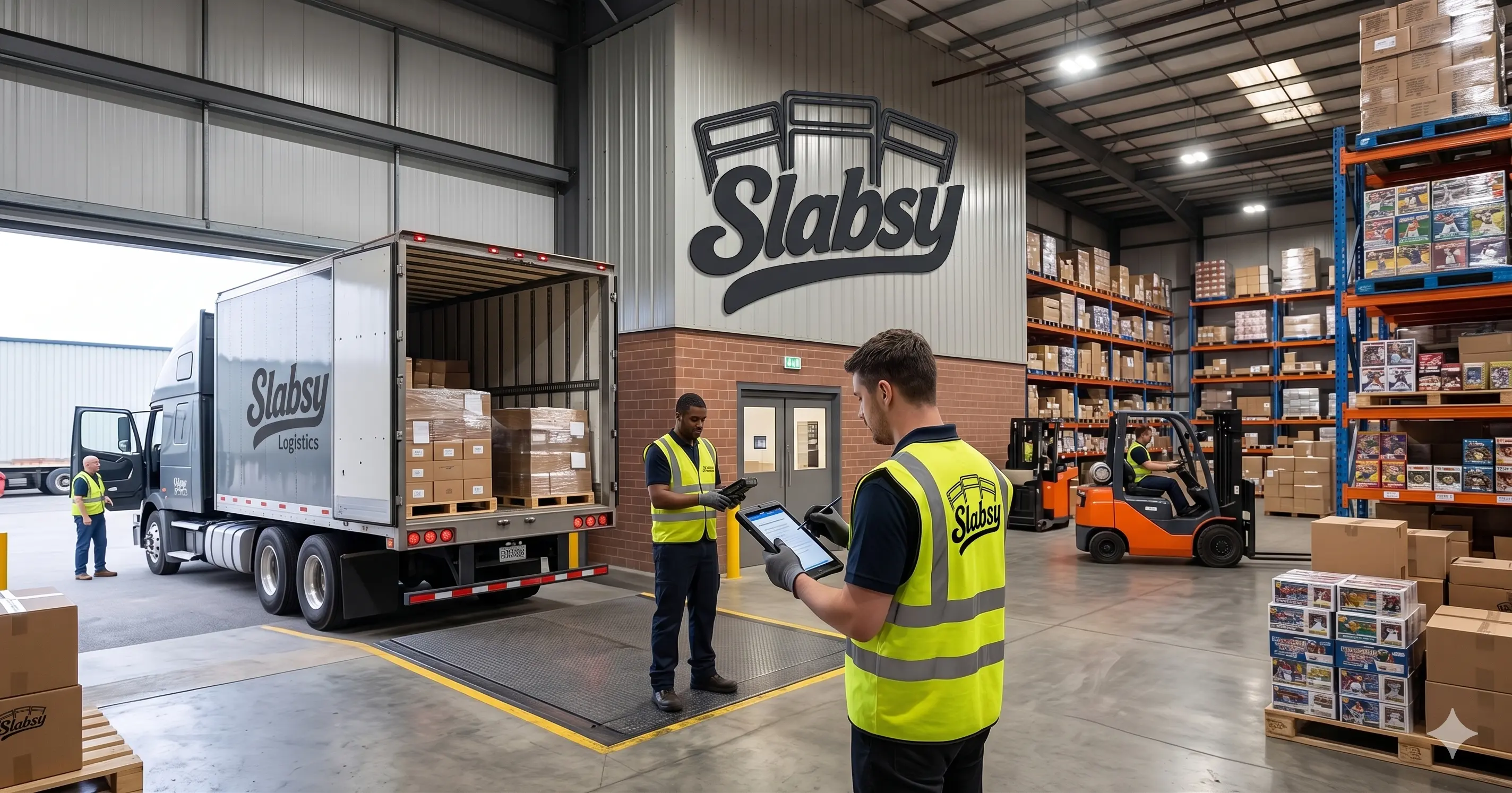 Slabsy receiving station with inventory arriving at the warehouse.