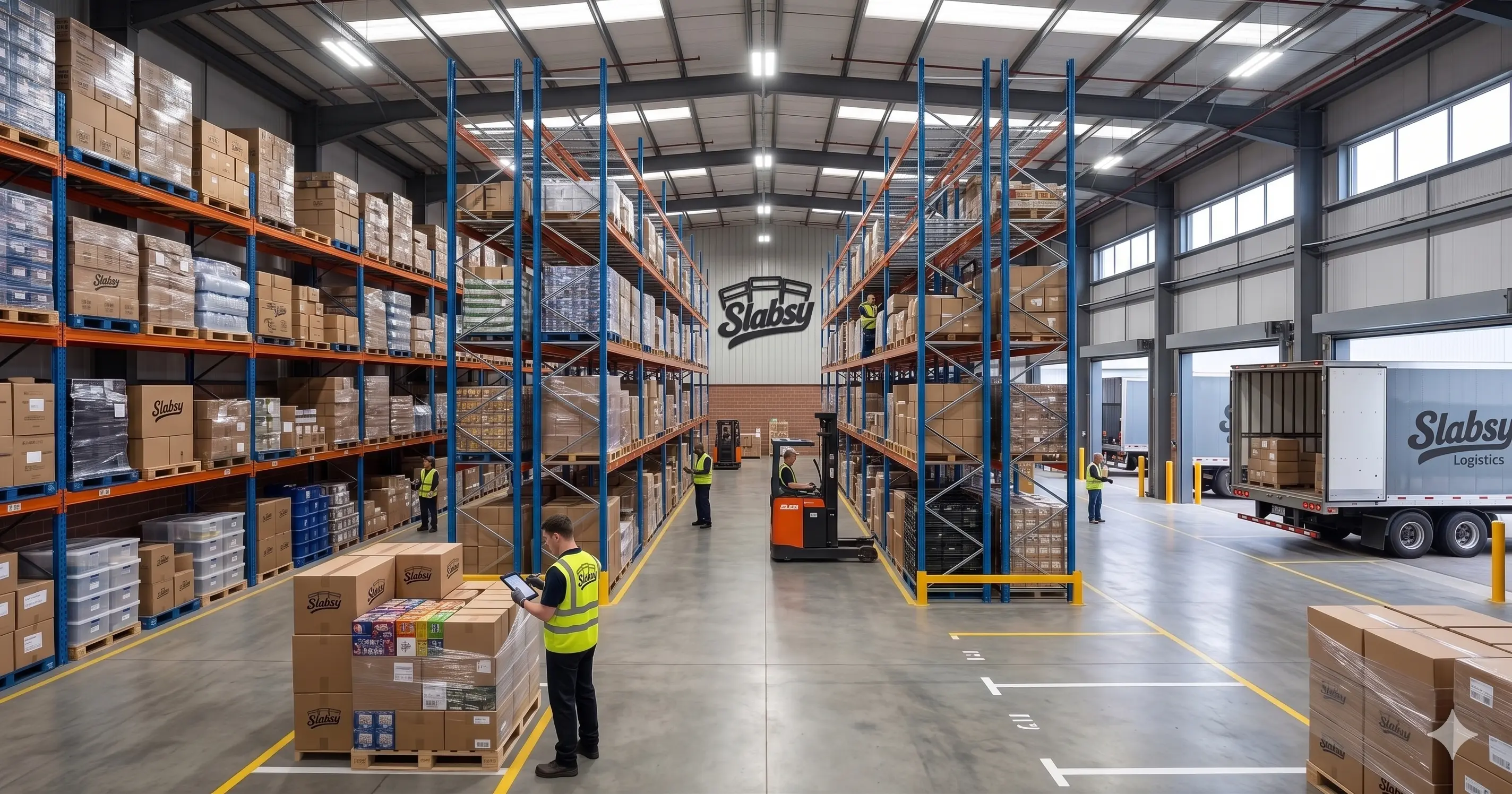 Wide view of Slabsy warehouse space with stored inventory and outbound operations.